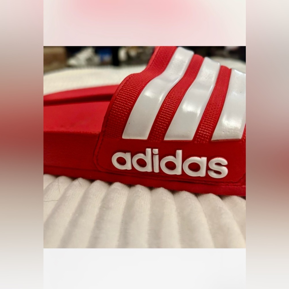 Adidas Men’s Red and White Striped Slides | Size 9 Men’s / 11 Women’s - Picture 3 of 5